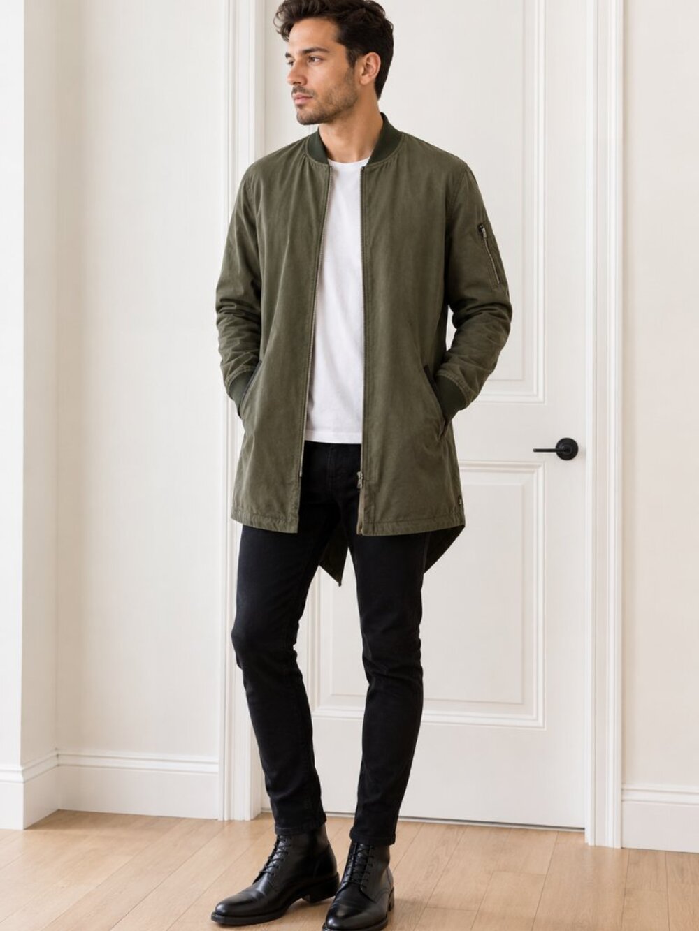 Zanerobe Mens Bomber Jacket with Back Tie in Army Green Size M